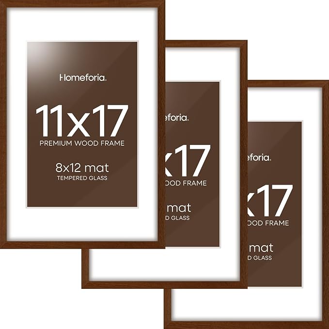 Homeforia 11x17 Brown Picture Frame, High End Dark Oak 11x17 Poster Wood Frame with Mat 8x12 Print, 11 x 17 Wooden Walnut Frame Matted to 8 x 12 Photo, 17x11 Frames, Tempered Glass, Wall Kit, Set of 3