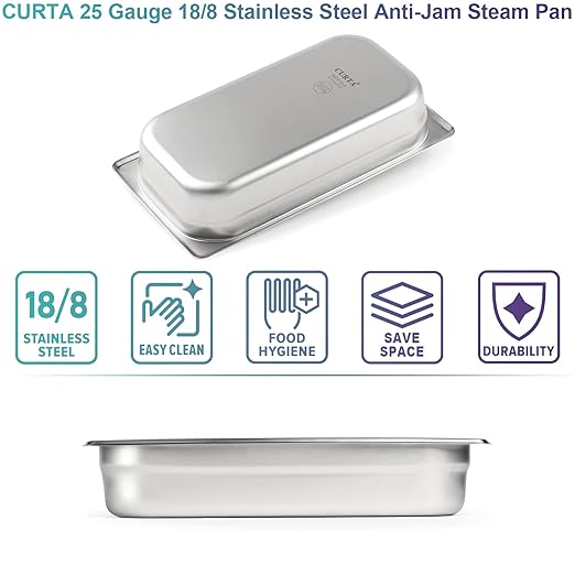 CURTA 6 Pack Anti-Jam Hotel Pans, 1/3 Size 2 1/2 Inch Deep, NSF Commercial 18/8 Stainless Steel Chafing Steam Table Pan, Catering Storage Metal Food Pan