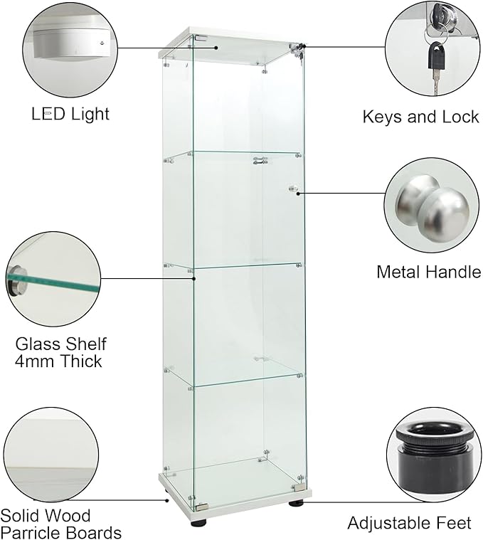Yoluckea 4 Shelves Glass Display Cabinet with LED Light and Door, Floor Standing Clear Glass Curio Cabinet Collection for Living Room Bedroom 64.7”x16.7”x 14.3” White(Upgrade Assembly)