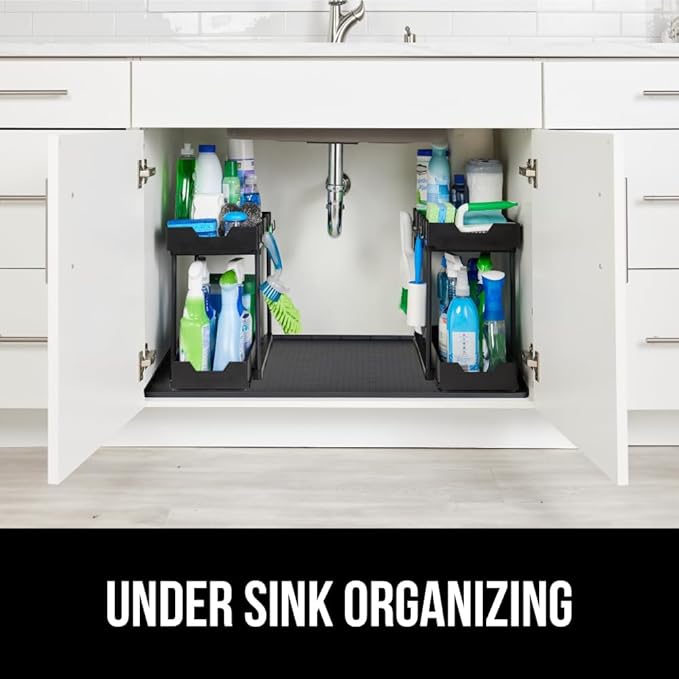 GORILLA GRIP Waterproof Silicone Under Sink Mat with Raised Lip for Kitchen and Bathroom, Cabinet Shelf Liner Stay in Place Mats Dishwasher Safe Drawer Liner, Organizer Tray, 19 x 22 in, Black