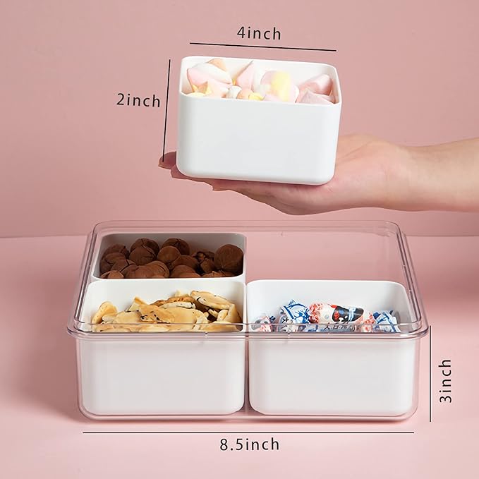 MineSign Divided Serving Tray with Lid for Veggie Charcuterie Container Portion Control Salad Keeper with 4 Removable Boxes Stackable Refrigerator Organizer Bins Food Storage Organizer Produce Saver