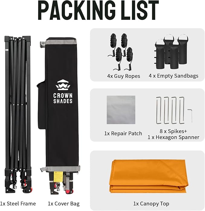 CROWN SHADES 10x10 Pop Up Canopy - Patented Center Lock One Push Instant Outdoor Canopy Beach Tent with STO-N-Go Bag 8 Stakes & 4 Sand Bags，Orange