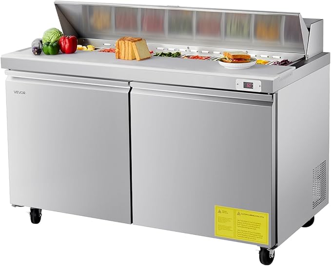 VEVOR 60" W Commercial Refrigerator, 15.4 Cu. Ft Sandwich Prep Refrigerated Table, Mega Top Food Prep Fridge with 16 Pans Cutting Board, Stainless Steel Salad Prep Cooler for Restaurant, Food Truck