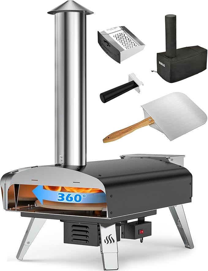 Mimiuo Outdoor Pizza Oven Wood Pellet Fired Pizza Stove with Automatic Rotating System, Pizza Stone, Pizza Peel and Carry Bag (Tisserie W-Oven Series) - Global Patent