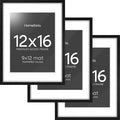 Homeforia 12x16 Black Wood Picture Frame, High End Oak 12x16 Poster Frames with Mat 9x12 Print, 12 x 16 Black Wooden Frame Matted to 9 by 12 Photo, 16x12 Thin Frame, Tempered Glass, Wall Kit, Set of 3