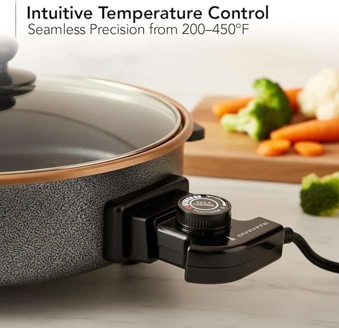 OVENTE 12 Inch Electric Skillet and Frying Pan with Nonstick Coating, 1400W Power, Adjustable Temperature Control, Tempered Glass Lid with Vent and Cool Touch Handles, Copper SK11112CO