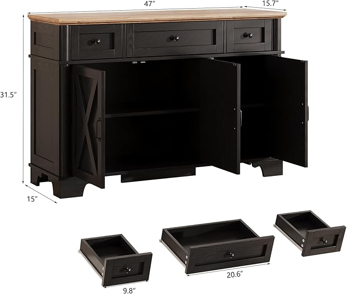 Farmhouse Buffet Cabinet with Storage, Black Sideboard Buffet Cabinet with Adjustable Shelves & 3 Drawers, Buffet Table Coffee Bar Wine Bar Storage for Kitchen & Living Room, 47 Inch
