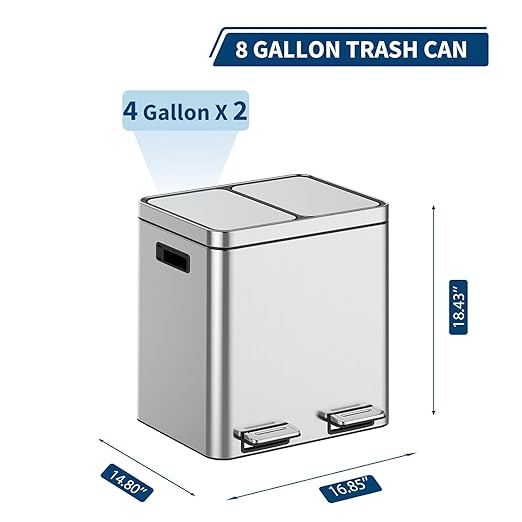 Garvee 8 Gallon Stainless Steel Dual Compartment Trash Can - 2x15L Recycling Bin with Soft-Close Lid, Fingerprint-Proof Kitchen & Office Waste Sorting Bin