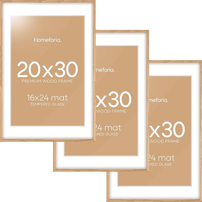 Homeforia 20x30 Picture Frame Wood, High End Natural Oak 20 x 30 Frame with Mat 16 by 24, 20x30 Light Wooden Poster Frames Matted to 16x24 Photo, 30by20 Large Frame, Tempered Glass, Wall Kit, Set of 3