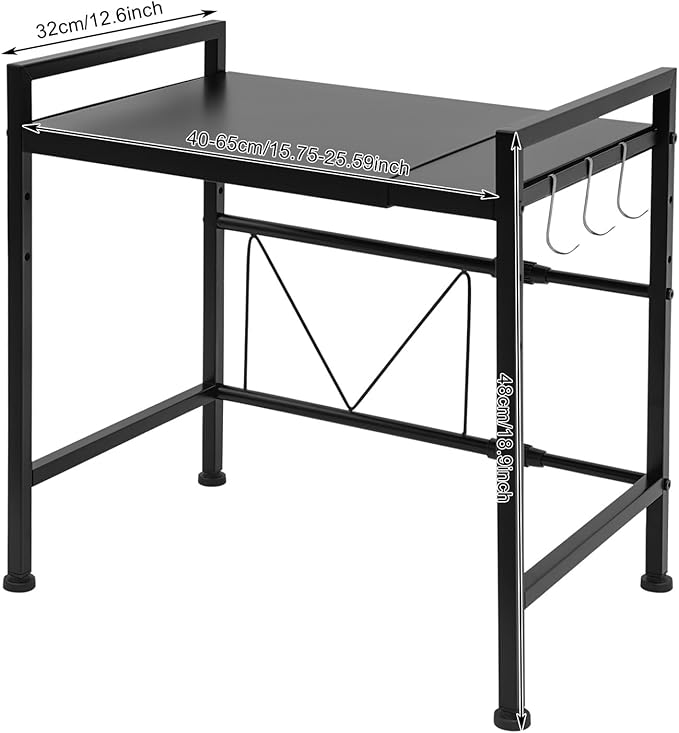 2 Tier Black Microwave Oven Rack, Adjustable Shelf with 3 Hooks, Microwave Stand with Storage, Toaster Shelf Heavy Duty Stand Kitchen Counter Top Organizer for Kitchen