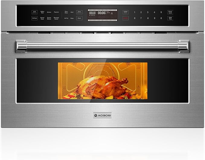AAOBOSI 30 Inch Built in Microwave Oven,1.6 Cu.Ft Wall Microwave Convection Ovens Air Fryer Combos, 1000Watt Power Sensor&Auto Cook, 10 Cooking Modes, Drop Down Door,Stainless Steel