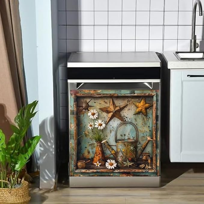 Rustic Farm Daisy Vase Flower Dishwasher Magnet Cover,23" x 26" Dishwasher Cover,Retro Barn Star Primitive Magnetic Decal Vinyl Sticker Kitchen Decor Refrigerator Magnets Self Adhesive Wrap