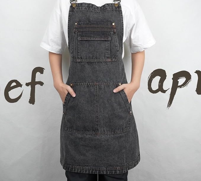 CACHIL Denim Apron with Pockets, Cross Back Apron for Men Women, Jean Work Aprons for Hairstylist Barber Grilling Gardening