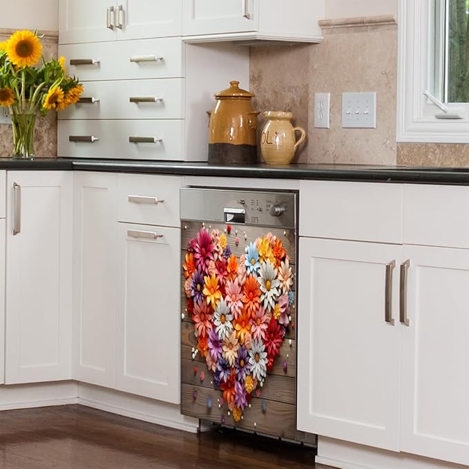 Valentine's Day Floral Board Dishwasher Magnet Cover, Reusable Refrigerator Panel Stickers Microwave Front Door Covers Magnets for Kitchen Home Appliances Holiday Party Decorations 23 X 26 in