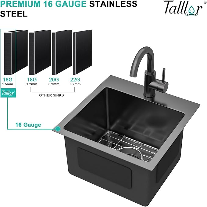 Bar Sink with Faucet - 15x15 Inch Gunmetal Black Bar Sink 16 Gauge Stainless Steel Drop In Rv Kitchen Sinks Top Mount Single Bowl Small Wet Sinks #TLT-0017