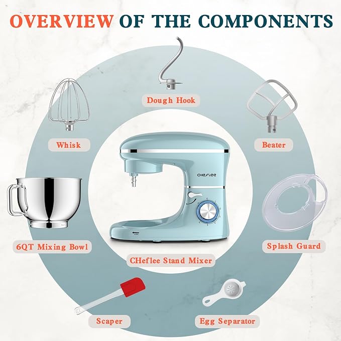 CHeflee Stand Mixer,660W 6+P With 6.5QT Stainless Steel Bowl,Dough Hook, Wire Whip & Beater,for Most Home Cooks (Blue)