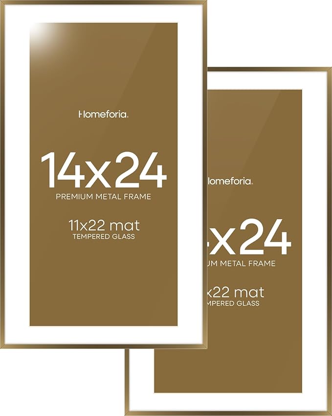 Homeforia 14x24 Picture Frame Bronze, High End Metal 14x24 Brass Poster Frames with Mat 11x22 Photo, 14 x 24 Frame Matted to 11 by 22 inch Print, 24by14 Thin Frames, Tempered Glass, Wall Kit, Set of 2