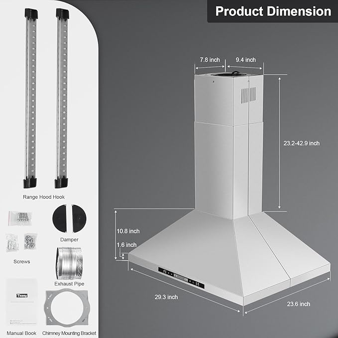 30" Island Range Hood 700 CFM Ceiling Mount Kitchen Vent Hood with Gesture/Touch Control, 3-Speed Fan & 4 LED Lights, Convertible Ductless/Duct, Stainless Steel Baffle Filters,Time Setting