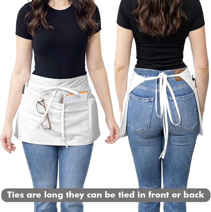 Dreamology Waitress Apron with Pockets, Short Aprons with Pockets,Waist Aprons, Server Aprons with 3 Pockets, Gardening, Cooking & Waiter aprons,Server apron Short | Long Strap - White Apron (3 Pack)