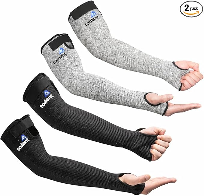 OriStout Cut Resistant Gardening Sleeves with Tumb Hole, Protective Arm Sleeves for Yard Work, Kitchen, Arm Guards for Biting, Pet Grooming, Gardening for Women, Black & Grey, 2 Pairs