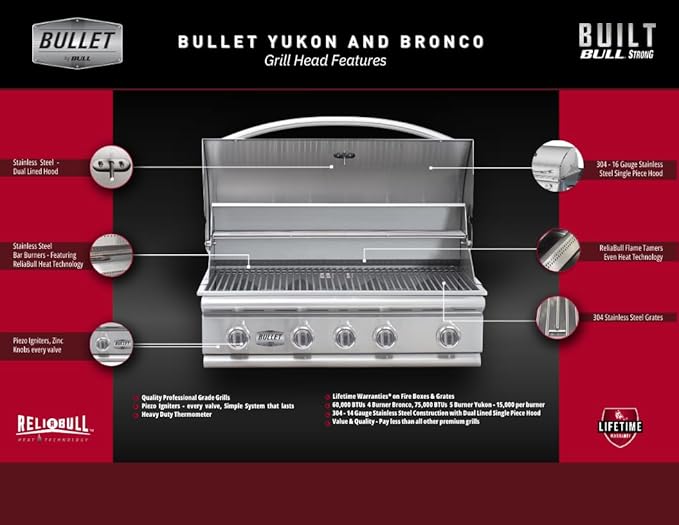 Bullet by Bull Stainless Steel Outdoor Kitchen Set - Built-In Natural Gas Grill, Perfect for Entertaining -BBQ Kitchen Isl& Bundle - Includes 5 Burner Grill, Single Access Door & Side Burner