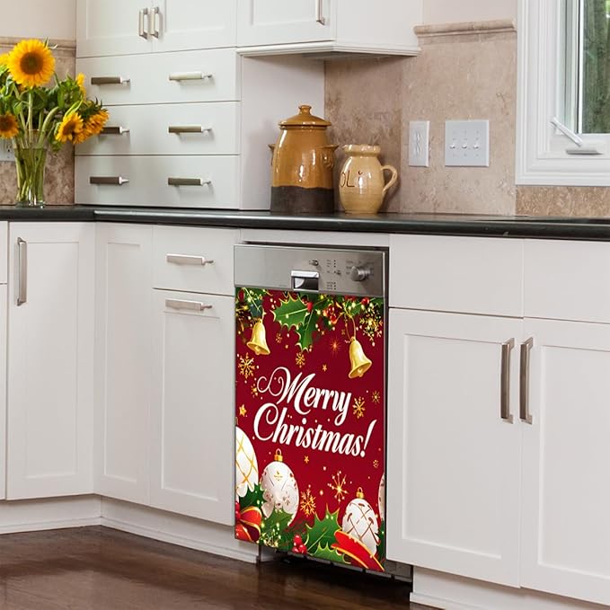 Merry Christmas Bell Flower Dishwasher Magnet Cover, Reusable Refrigerator Panel Stickers Microwave Front Door Covers Magnets for Kitchen Home Appliances Holiday Party Decorations 23 X 26 in