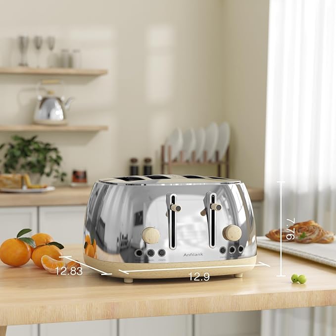 Toaster 4 Slice,Retro Stainless Steel Toaster with Extra Wide Slots, Dual Independent Control Panel, Cancel, Bagel, Defrost Function, Removable Crumb Tray (Silver)