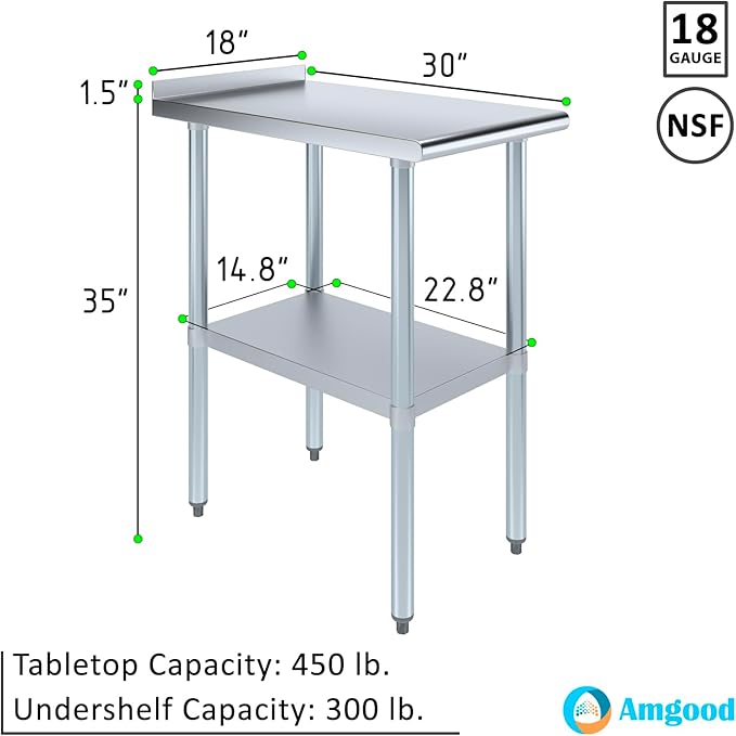 AmGood Stainless Steel Work Table with 1.5" Backsplash | Metal Kitchen Food Prep Table | NSF (18" Long x 30" Deep)