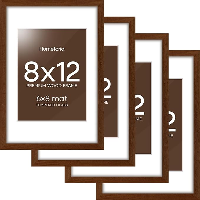 Homeforia 12x8 Picture Frame Brown, High End Dark Oak 8x12 Walnut Wooden Frames with Mat 6x8 Photo, 8 x 12 Wood Frame Matted to 6 by 8 Print, Wall or Tabletop Frame, Tempered Glass, Wall Kit, Set of 4