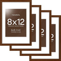 Homeforia 12x8 Picture Frame Brown, High End Dark Oak 8x12 Walnut Wooden Frames with Mat 6x8 Photo, 8 x 12 Wood Frame Matted to 6 by 8 Print, Wall or Tabletop Frame, Tempered Glass, Wall Kit, Set of 4