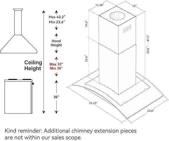 IKTCH 36-Inch Island Mount Range Hood, 900 CFM Ducted, Stainless Steel & Tempered Glass, Gesture Sensing & Touch Control, 4-Speed Fan