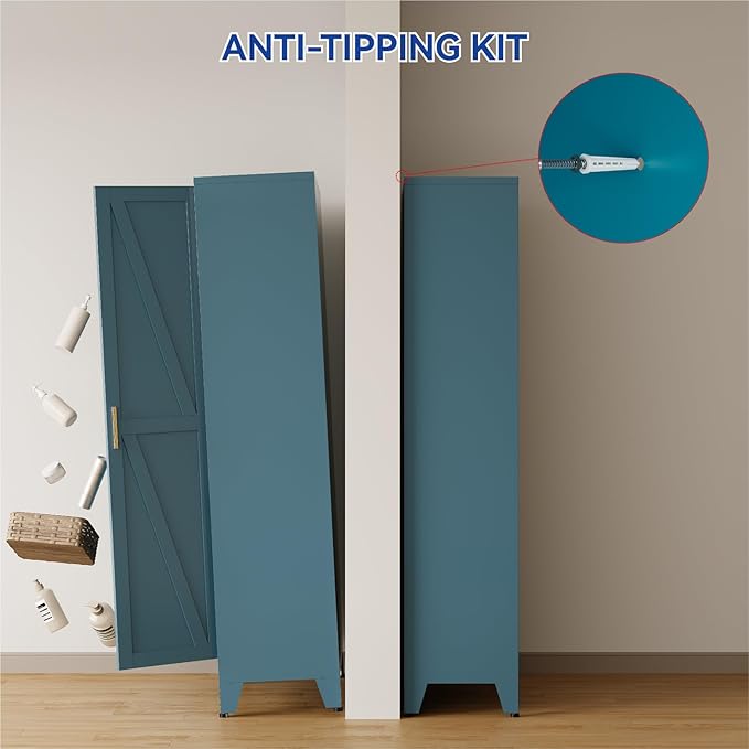 COFaR Metal Storage Cabinet, 61 in Tall Metal Cabinet with 3 Adjustable Shelves and Barn Doors, Farmhouse Cupboard Storage for Kitchen Pantry Garage, 4-Tier Peacock Blue