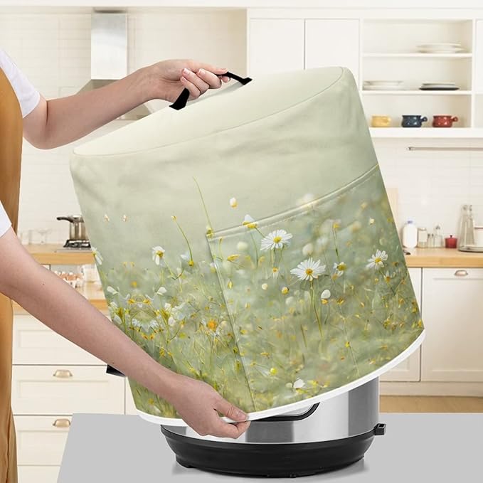 Insulated Pressure Cooker Appliance Cover, Also Fit for Rice Cooker, Air Fryer and Crock Pot, 3 Quart Dust Cover with Pocket for Kitchenware and Recipes, Washable, Daisy Floral Green