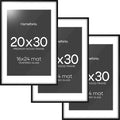 Homeforia 20x30 Black Wood Frame, High End Oak 20x30 Wooden Picture Frames with Mat 16x24 Photo, 20 x 30 Poster Frame Matted to 16 by 24 Print, 30x20 Hanging Frames, Tempered Glass, Wall Kit, Set of 3