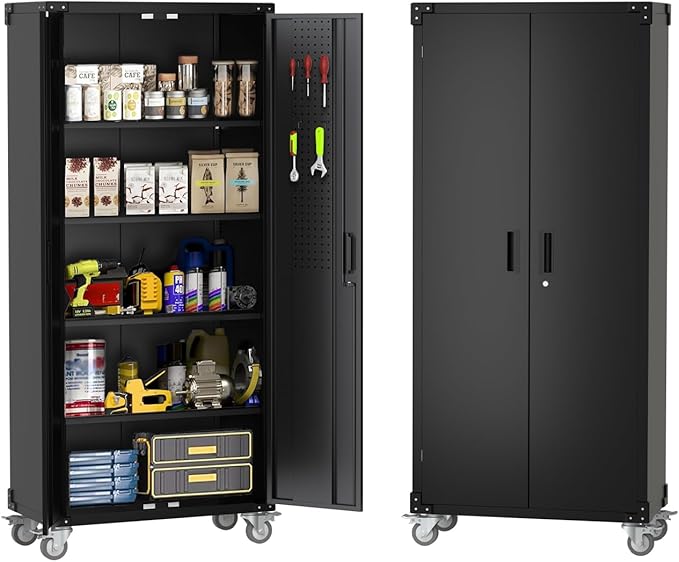 GarveeHome Metal Storage Cabinet with Wheels, Steel Tool Cabinet with Pegboard and 4 Adjustable Shelves, Lockable Rolling Garage Cabinet for Home, Garage, Office Organization (Deep Black)
