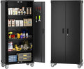 GarveeHome Metal Storage Cabinet with Wheels, Steel Tool Cabinet with Pegboard and 4 Adjustable Shelves, Lockable Rolling Garage Cabinet for Home, Garage, Office Organization (Deep Black)