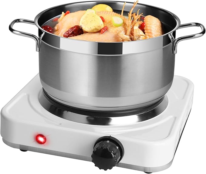Portable Hot Plate, 1500W Cast Iron Single Countertop Burner, Electric Stove with 5 Levels Adjustable Temperature, Cooktop for Home RV Camping, Easy to Clean, White
