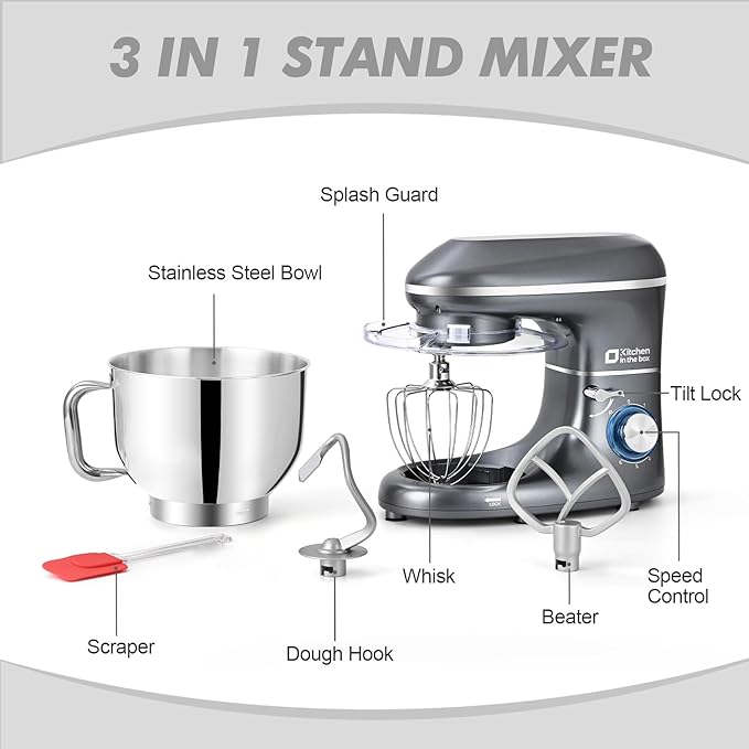 Kitchen in the box Stand Mixer, 6.5QT 660W Kitchen Electric Mixer, 6-Speed Tilt-Head Food Mixer with Dough Hook, Wire Whip and Beater (Grey)