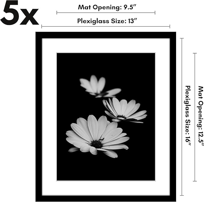 Americanflat 13x16 Picture Frame with Polished Plexiglass - Set of 5 - Use as 10x13 Frame with Mat or Display 13x16 Photo Without Mat - Galleria Collection - Picture Frames for Wall Display - Black