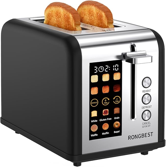 2 Slice Easy Touch Screen Toaster, Stainless Steel Toaster with Wide Slots, Even Toasting for Bagels & Bread, Reheat & Defrost, Removable Crumb Tray, Matt Black