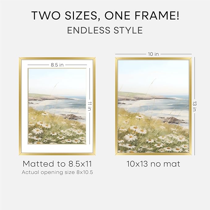 Homeforia 10x13 Picture Frame Gold, High End Metal 10x13 Poster Frames with Mat for 8.5x11, 10 x 13 Gold Frames Matted to 8.5 x 11 inch Photo, 10by13 Hanging Frames, Tempered Glass, Wall Kit, Set of 1