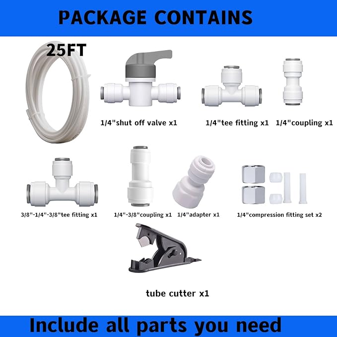Refrigerator Water Line Kit Connection and 1/4 Compression Ice Maker Installation Kit，25FT 1/4In O.D.Water Line with Quick Fittings, for Adding a branch waterway on RO System（White)