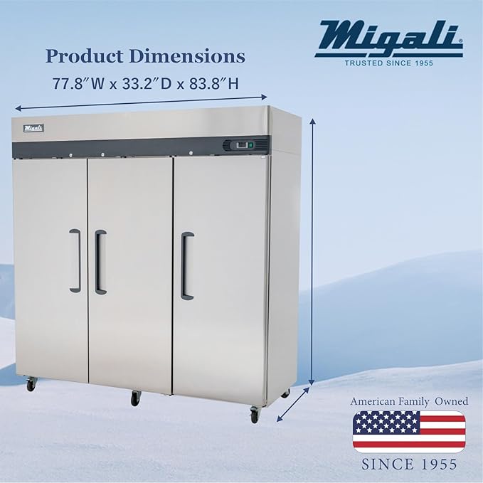 Migali C-3F-HC Three Door Reach-In Freezer, 72 cu/ft, Stainless Steel Interior and Exterior, Auto Defrost, Digital Temperature Display, Door Locks