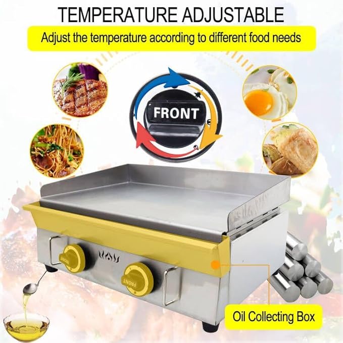 TECHTONGDA LPG Gas Grill Griddle, Stainless Steel Commercial Countertop Griddle Flat Top Grill, Restaurant Teppanyaki, BBQ Plate Grill with Adjustable Temperature Control, 21.26"x13.39", 2800Pa