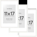 Homeforia 11x17 White Wood Frame, High End Oak 17 x 11 White Wooden Picture Frames with Mat 8 by 12, 11x17 Poster Frame Matted to 8x12 inch Photo, 17x11 Thin Frames, Tempered Glass, Wall Kit, Set of 3
