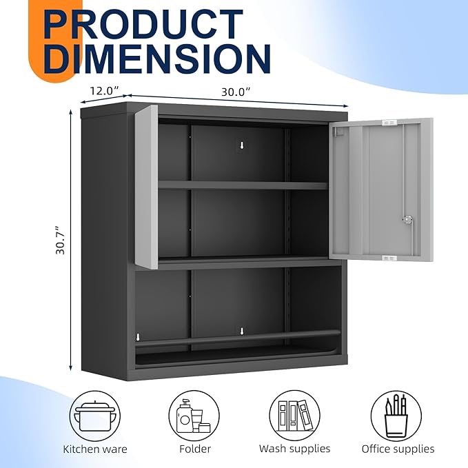 Wall Cabinet,Garage Cabinets Wall Mounted with Locking Doors,Hanging Cabinet with Adjustable Shelf,Floating Upper Storage Cabinet,Grey