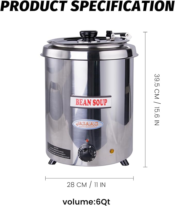 6Qt Commercial Soup Warmer, 300W Soup Kettle Buffet Food Warmer with Hinged Lid & Detachable Pot, Temperature Control (105-195°F) for Soups, Chili, Nacho Cheese - Silver
