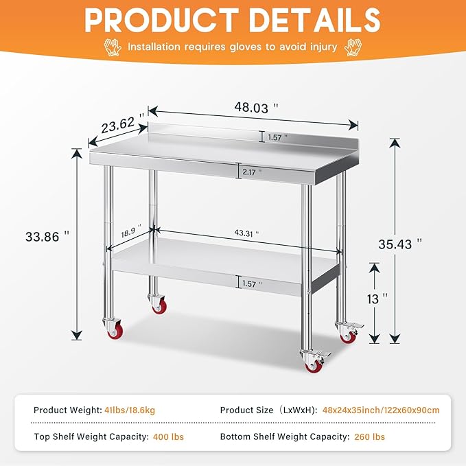 Jocisland 24" x 48" Stainless Steel Table for Prep & Work with Backsplash and Wheels, Adjustable Under Shelf & Safe Design for Restaurant, Home and Outdoor