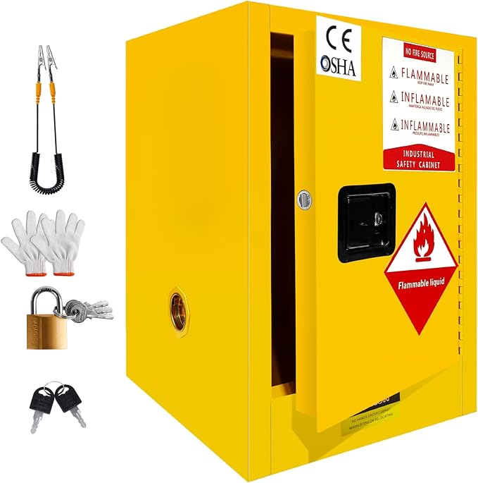 12 Gallon Flammable Storage Cabinet, 23×18×18in Galvanized Steel Safety Storage Cabinet, Adjustable Shelf Fireproof Cabinets, Flammable Liquid Storages Cabinets for Industrial and Home Use, Yellow