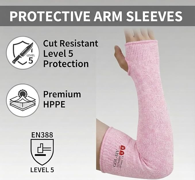 Arm Protectors For Thin Skin And Bruising, Cut Resistant Sleeves For Men Women, A5 Level Pink Arm Sleeve For Gardening (Pink, 17.7 In)